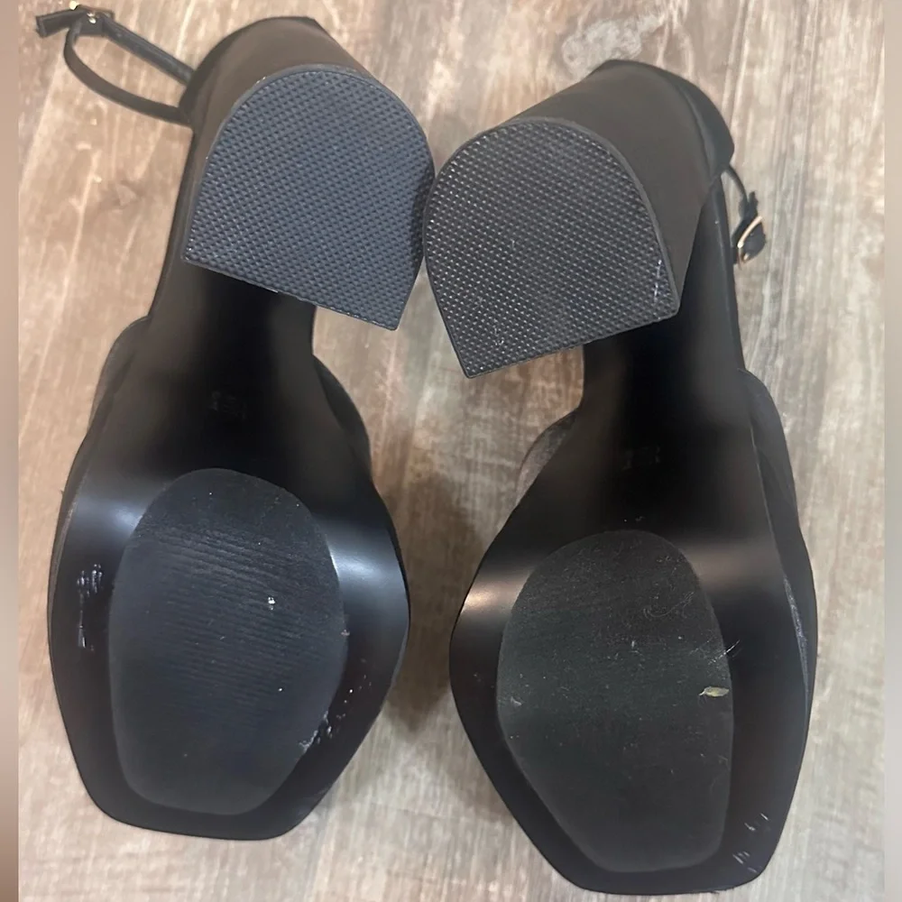 PrettyLittleThing Black Satin Square Toe Double Platform Heeled Sandals